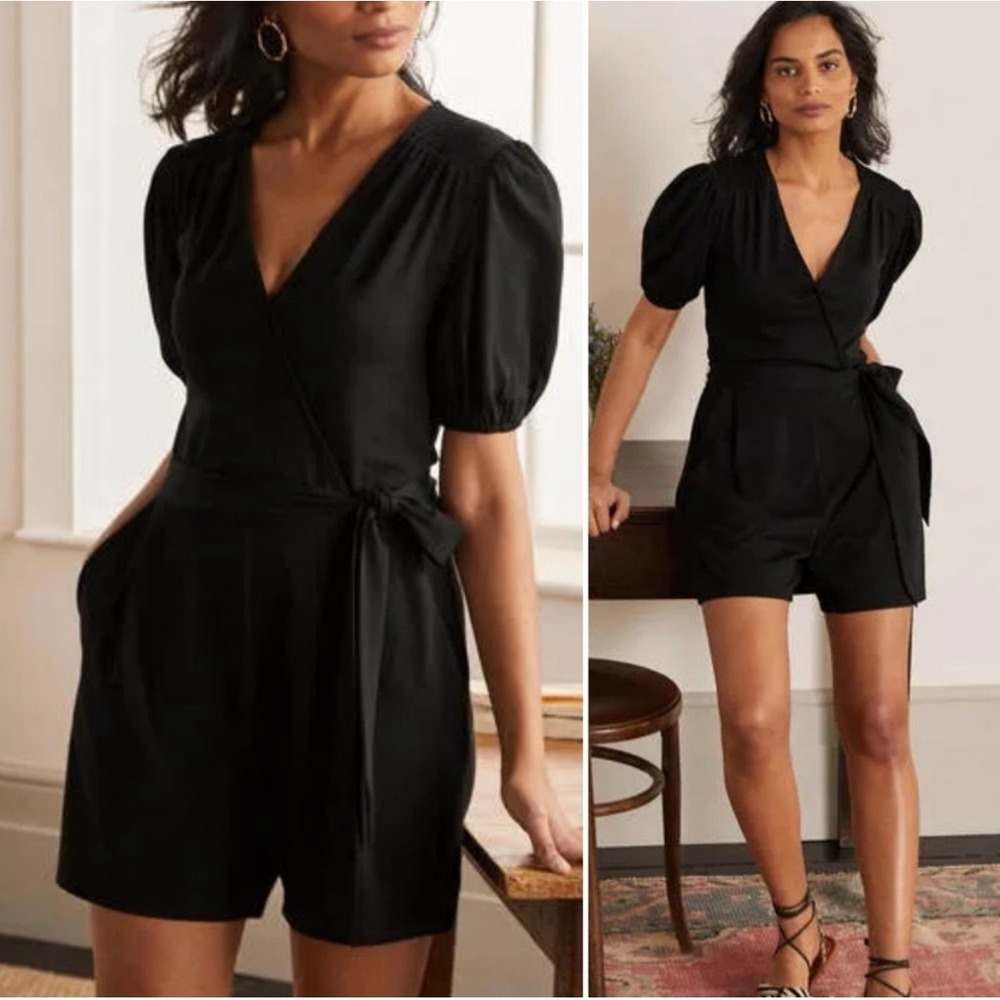 Boden Chic Romper Women 4 Black Puff Sleeve Faux Wrap‎ Smocked J0899 4R